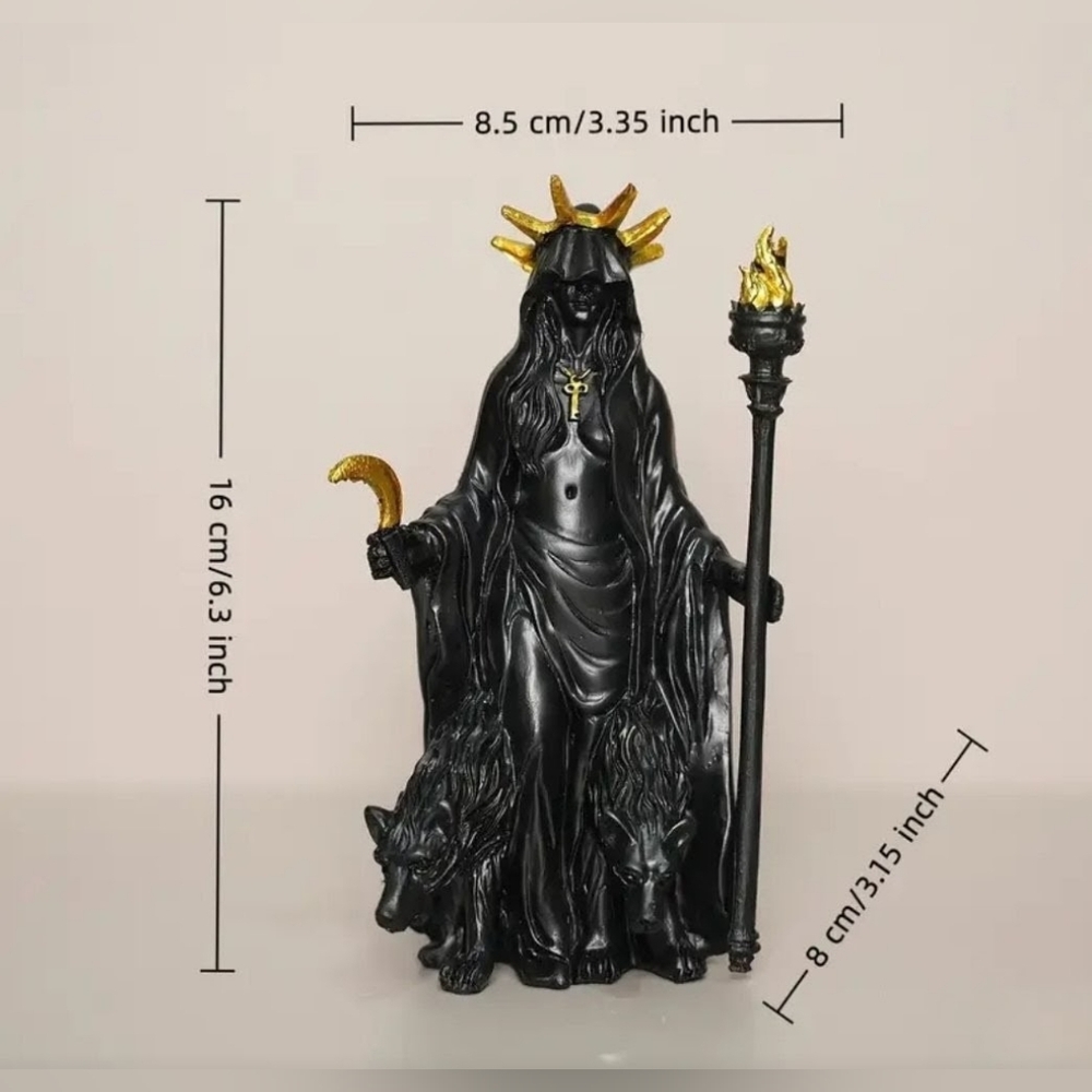Black and Gold Goddess Statue with Wolves - Picture 5 of 5
